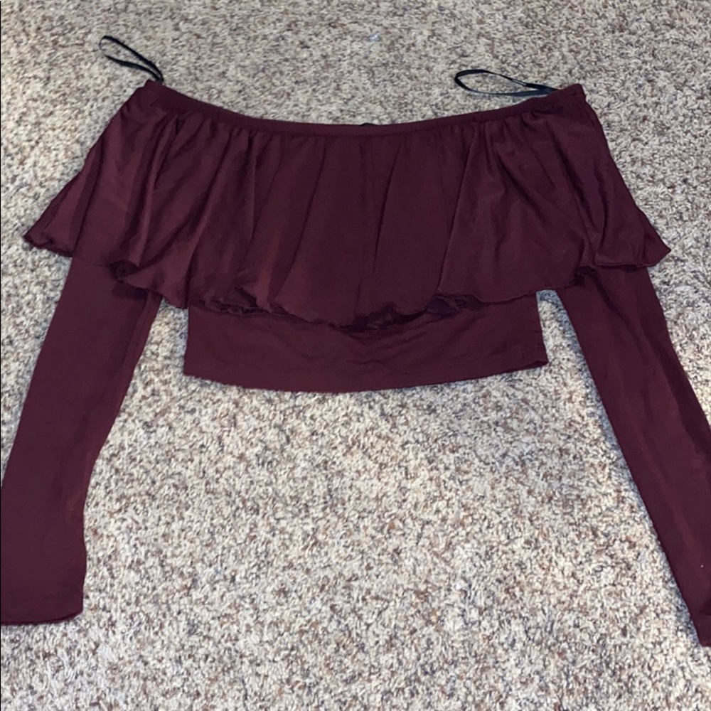 Maroon Off the Shoulder Long Sleeve Crop Top